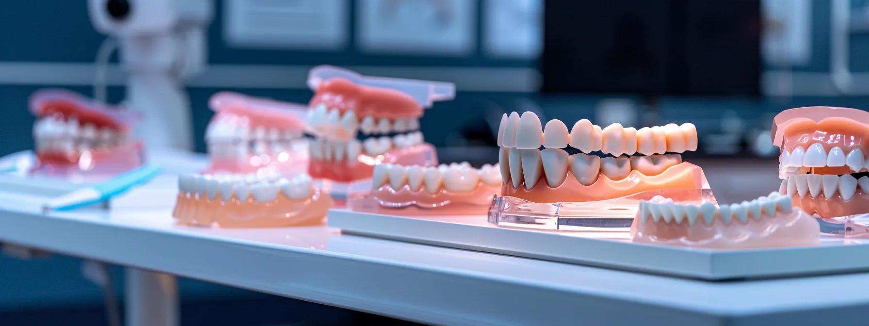 a modern dental clinic in mansfield, tx, featuring a knowledgeable dentist explaining various denture options to a patient, with a clear display of dentures arranged on a sleek, contemporary consultation table, illuminated by bright, professional lighting.