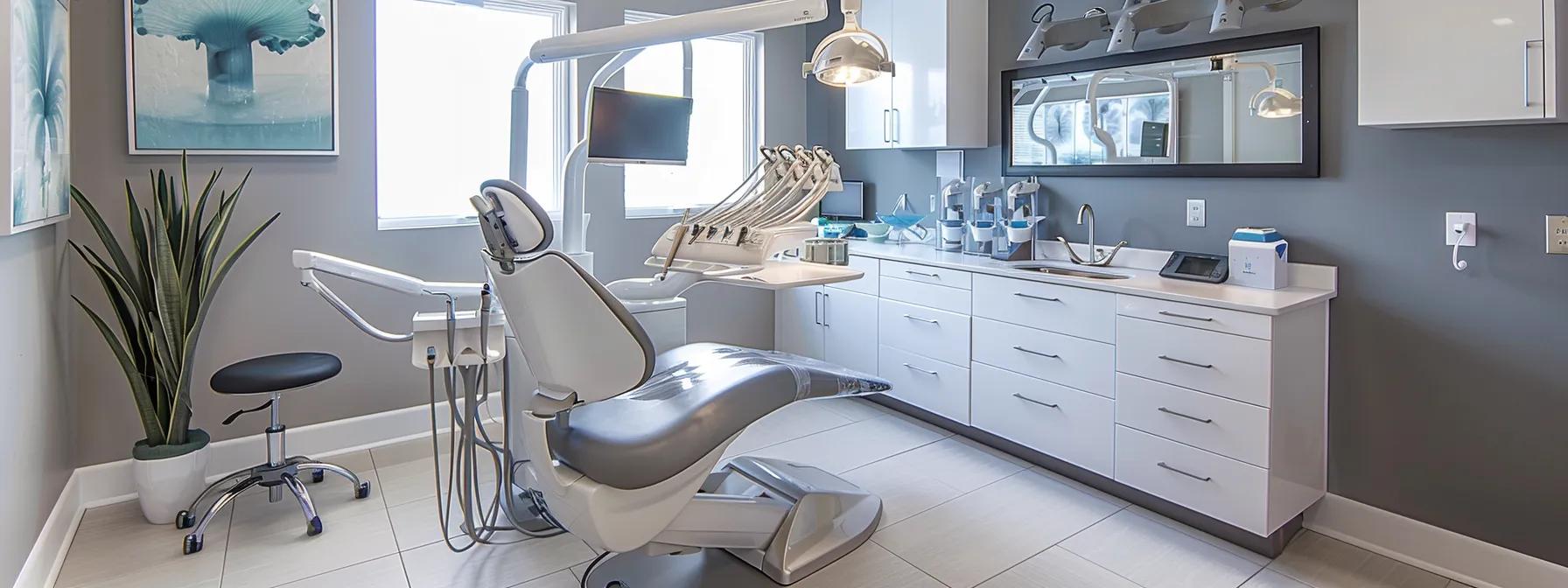 a modern dental clinic in lake worth showcases a clinical yet inviting environment, featuring a dentist using advanced imaging technology to assess a patient's dental health, surrounded by sleek equipment and a calming color palette.