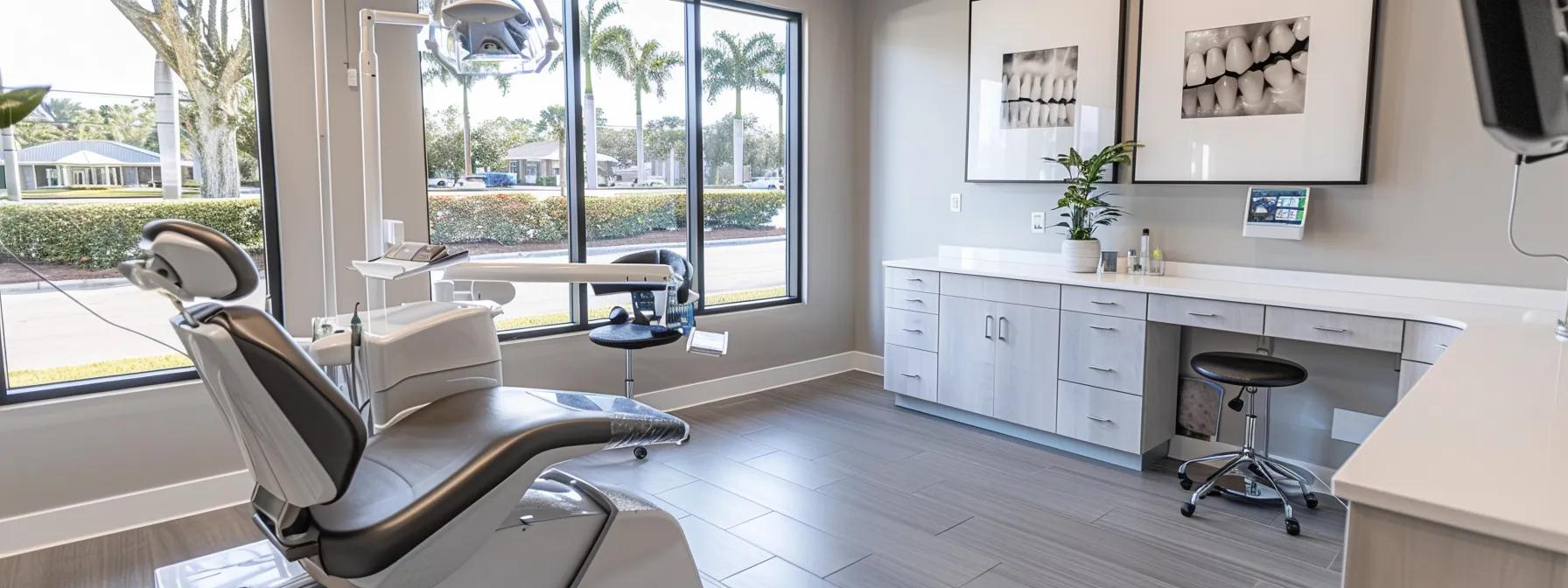 a modern dental clinic in lake worth features a sleek, well-lit consultation room, showcasing a confident patient discussing dental implant options with a smiling dentist in crisp white scrubs, emphasizing professionalism and care.