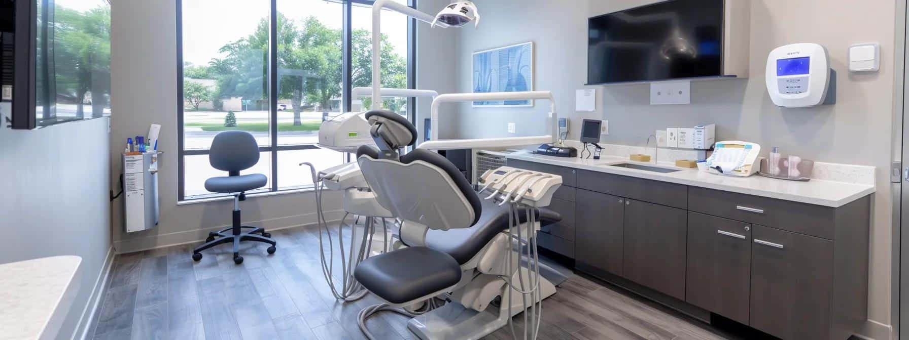 a modern dental clinic in lake worth, tx, showcasing a sleek consultation room with a dental chair, high-tech imaging equipment, and a welcoming atmosphere, emphasizing the meticulous process of receiving dental implants.