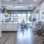 a modern dental clinic in lake worth showcases a carefully designed consultation room where a middle-aged patient explores options for affordable dental prosthesis, with informative brochures on implants and dentures prominently displayed on a sleek glass table under bright, focused lighting.