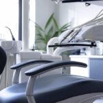 a modern dental clinic interior showcases a state-of-the-art dental implant procedure in progress, featuring sleek tools and a focused dentist adjusting a high-tech dental crown while a patient relaxes in a plush dental chair under bright, clinical lighting.