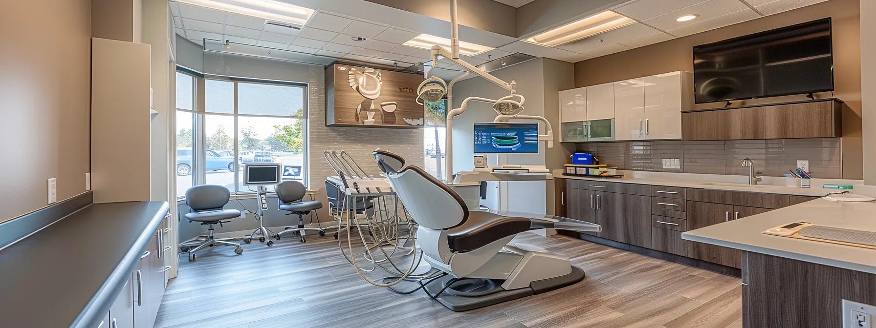 a modern dental clinic interior showcases a patient confidently smiling while discussing the benefits of well-fitted dentures with a knowledgeable dentist, surrounded by educational tools and advanced dental technology.