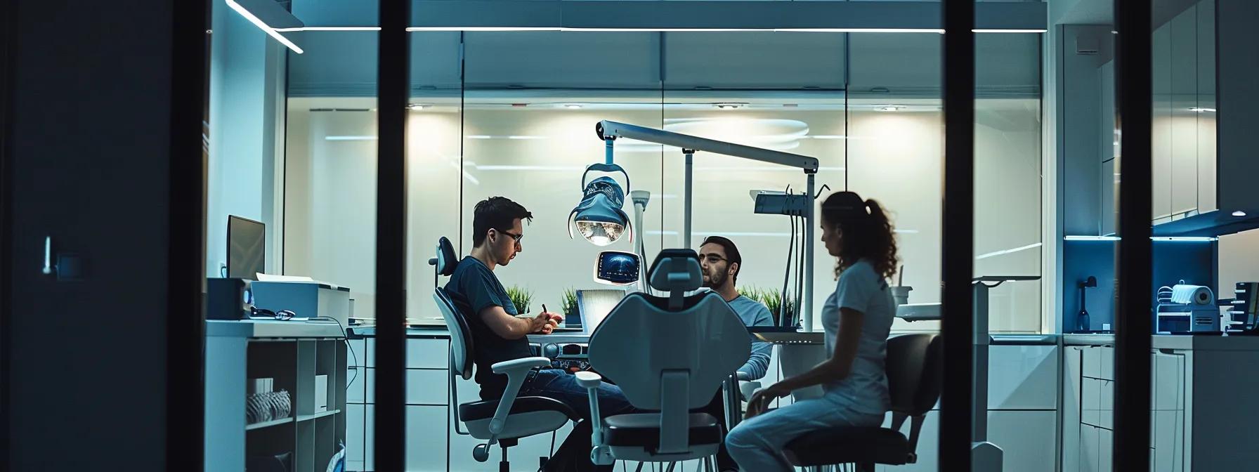 a modern dental clinic interior showcases a welcoming consultation area with sleek, high-tech equipment, where a patient engages in a detailed discussion with a prosthodontist about transitioning to dentures, illuminated by professional overhead lighting.