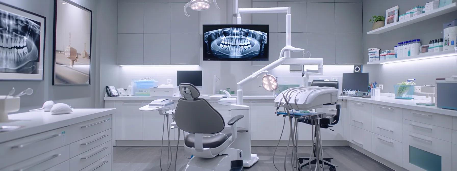 a modern dental clinic interior showcases a skilled implant dentist consulting with a patient, surrounded by advanced imaging technology and surgical tools, emphasizing a professional and sterile environment for dental implant procedures.