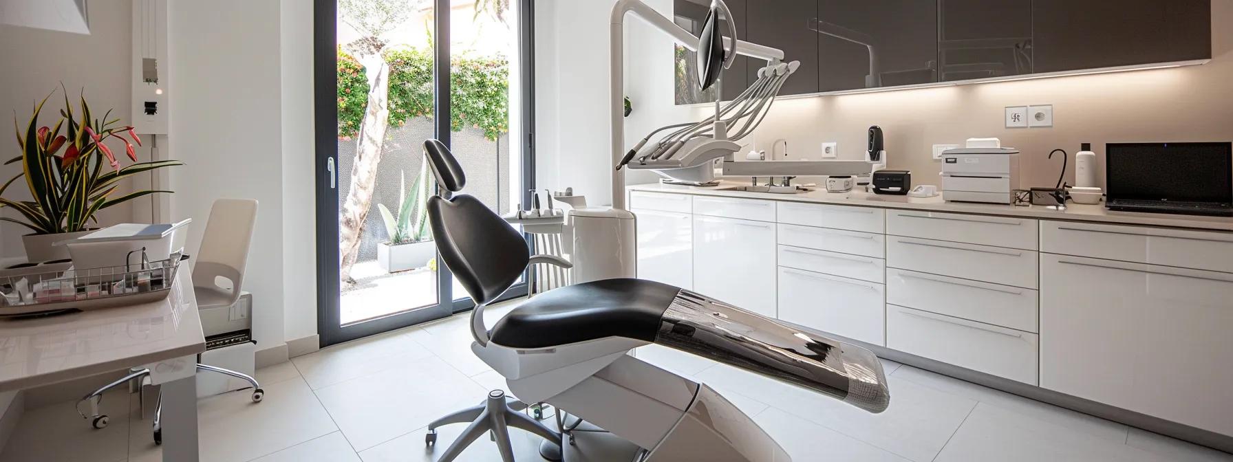 a modern dental clinic interior showcases a sleek, well-lit consultation area, featuring a high-tech chair and advanced dental equipment, highlighting the range of dental implant solutions available for patients.
