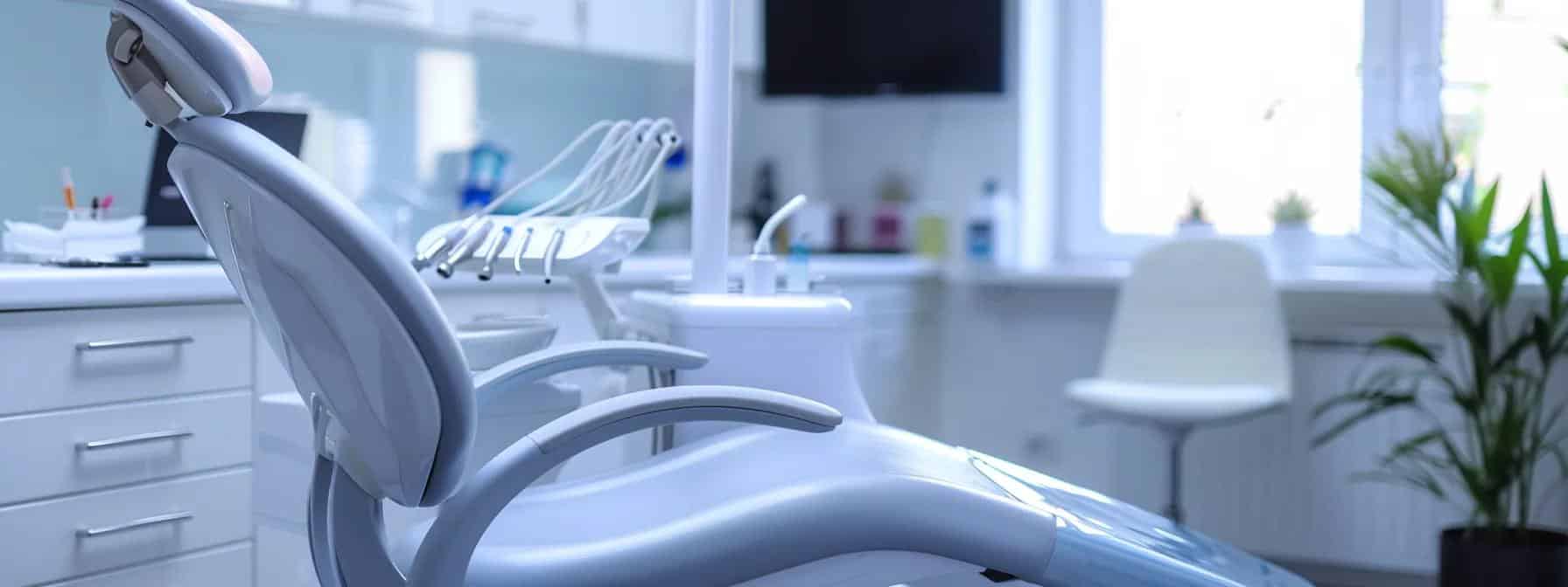 a modern dental clinic interior, featuring an elegantly arranged dental chair, bright clinical lighting, and a close-up of a dental implant model on a sleek countertop, symbolizing the benefits of durability, aesthetics, and improved oral hygiene in dental care.