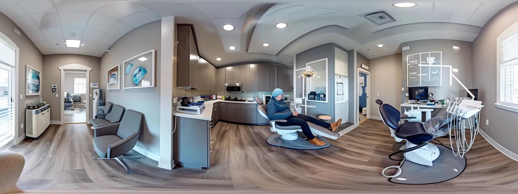 a modern dental clinic interior showcases a patient seated in a bright examination room, discussing denture care with a professional, emphasizing the importance of nightly removal and regular check-ups for optimal gum health.