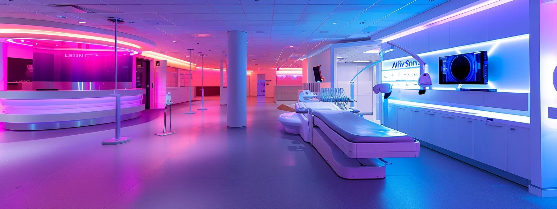 a modern dental clinic interior showcases advanced technology, featuring a high-tech digital intraoral scanner and a t-scan system gleaming under bright fluorescent lighting, emphasizing the precision and care involved in evaluating tooth loss and alignment shifts.