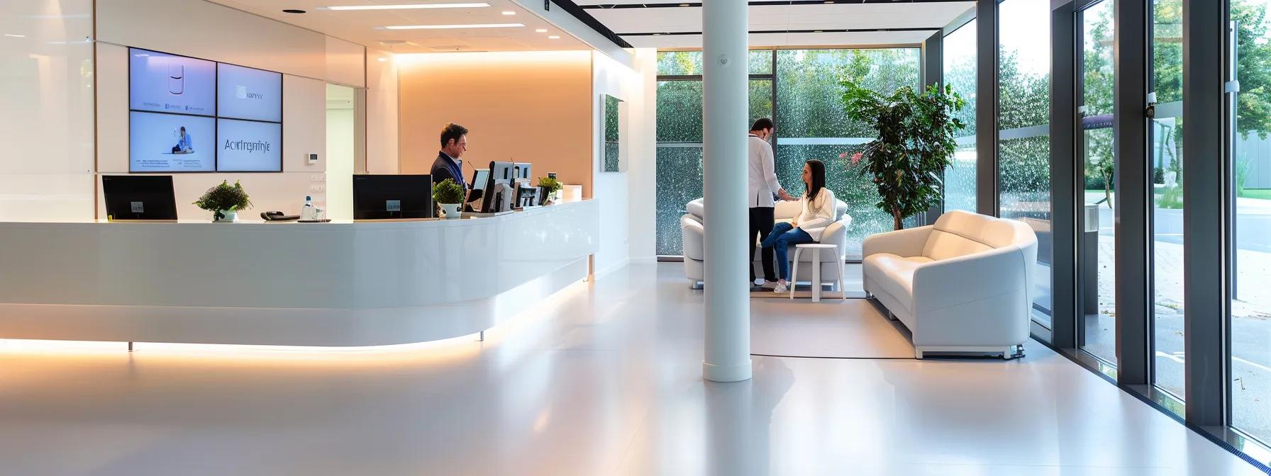 a modern dental clinic reception with sleek flooring and high-tech equipment visibly showcased, where a professional consultant discusses financial options for dental implants with a patient seated in a stylish waiting area.