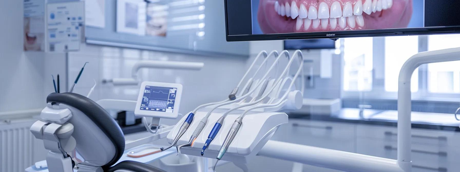 a modern dental clinic setting with a focus on a patient receiving a consultation about the various types of dental implants, featuring detailed digital images of implant options displayed on a sleek touchscreen monitor.