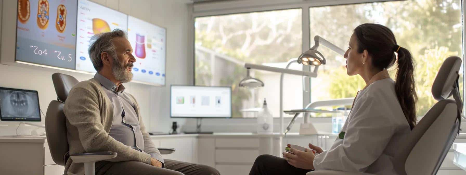 a modern dental clinic setting is depicted, featuring a patient seated comfortably in a sleek chair as a professional dentist attentively discusses healthy lifestyle choices and dietary recommendations to support gum health under dentures, with a focus on informative posters displayed on the walls.