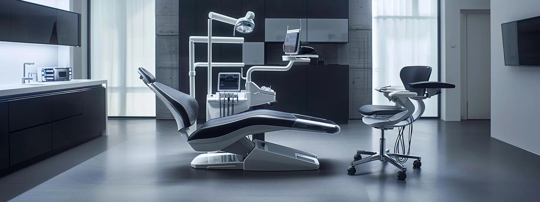 a modern dental consultation room featuring a sleek, ergonomic dental chair and high-tech imaging equipment, where a patient engages with a professional discussing the benefits and drawbacks of retaining compromised teeth under dentures, emphasizing a clinical yet inviting atmosphere.