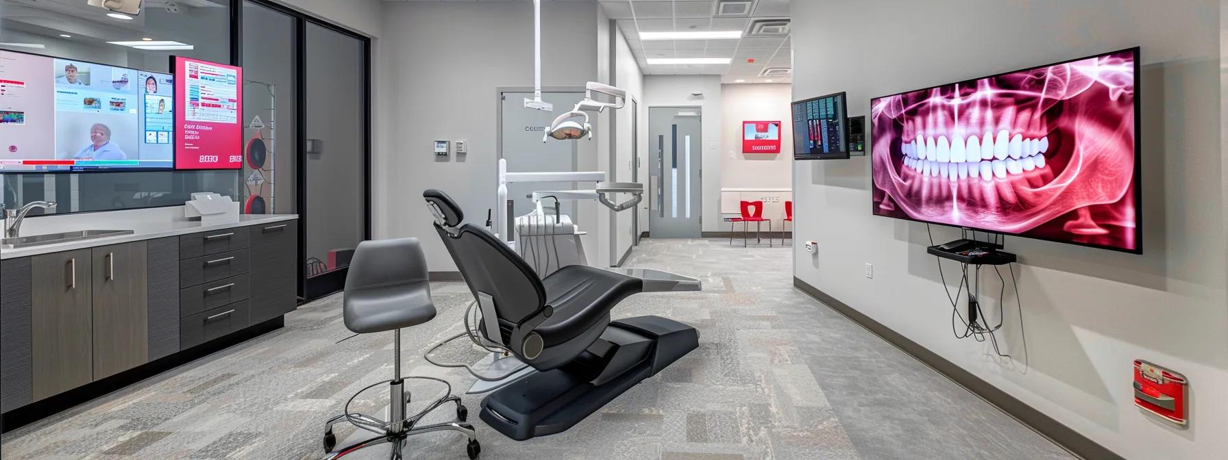 a modern dental consultation room, featuring a sleek dental chair under bright, clinical lighting, with a digital x-ray monitor displaying 3d scans of a patient’s jaw and periodontal charts on a nearby screen, conveying a high-tech assessment for potential dental implants.