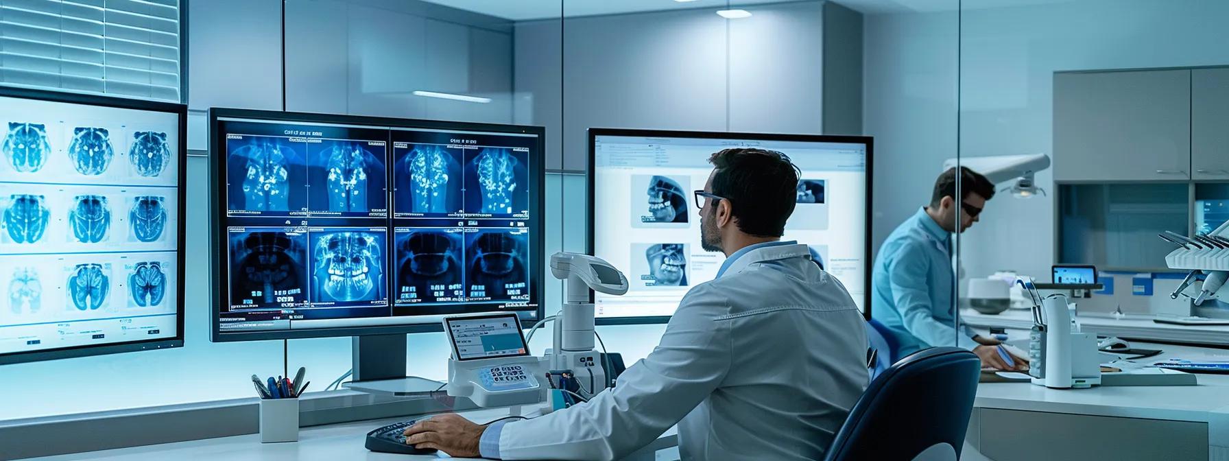 a modern dental consultation room features a dentist examining digital x-ray images on a sleek monitor, surrounded by advanced intraoral scanning equipment, highlighting the intricate assessment process for non-extraction dentures while ensuring patient comfort and care.