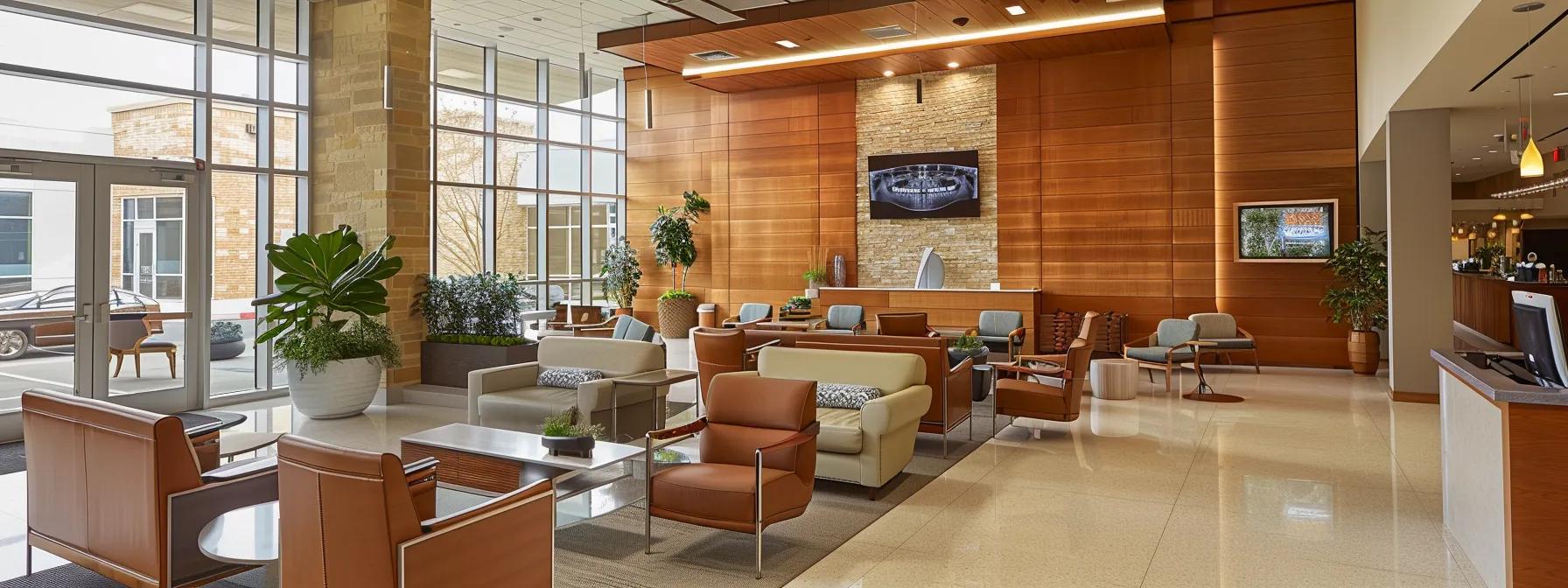 a modern dental office in mansfield, tx, bustling with activity, showcases a smiling patient receiving a custom denture fitting, highlighting the advanced technology and inviting atmosphere that enhances both confidence and oral health.