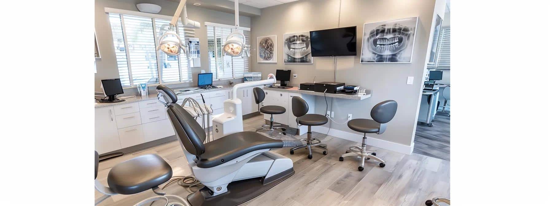 a modern dental office in lake worth, featuring a clean, sleek design with advanced dental technology and informational brochures on affordable dental implant options prominently displayed.