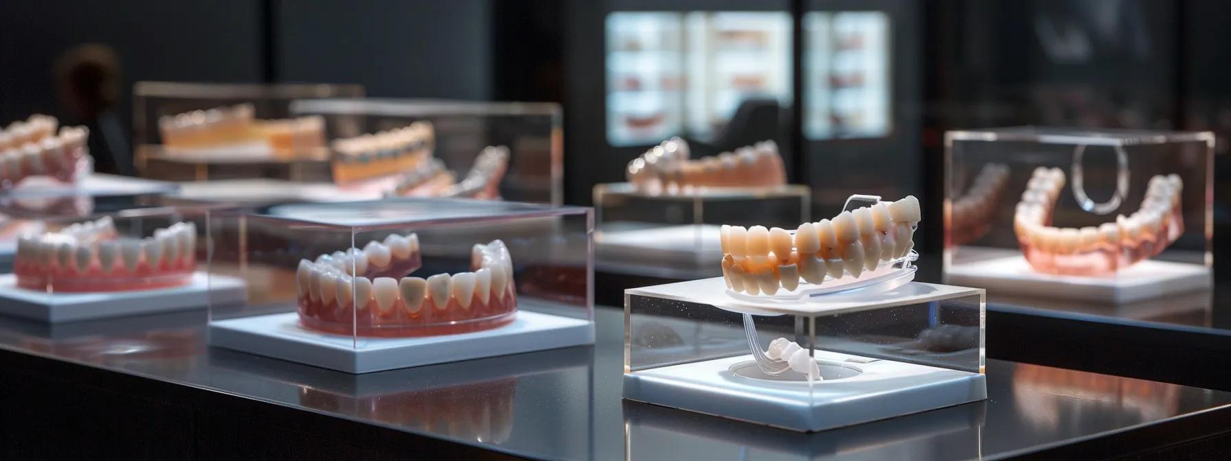 a modern dental office in mansfield, tx, showcases various denture options displayed on sleek, illuminated pedestals, highlighting complete, partial, flexible, implant-retained, and overdentures, with a professional consultation area in the background, emphasizing patient care and technology.