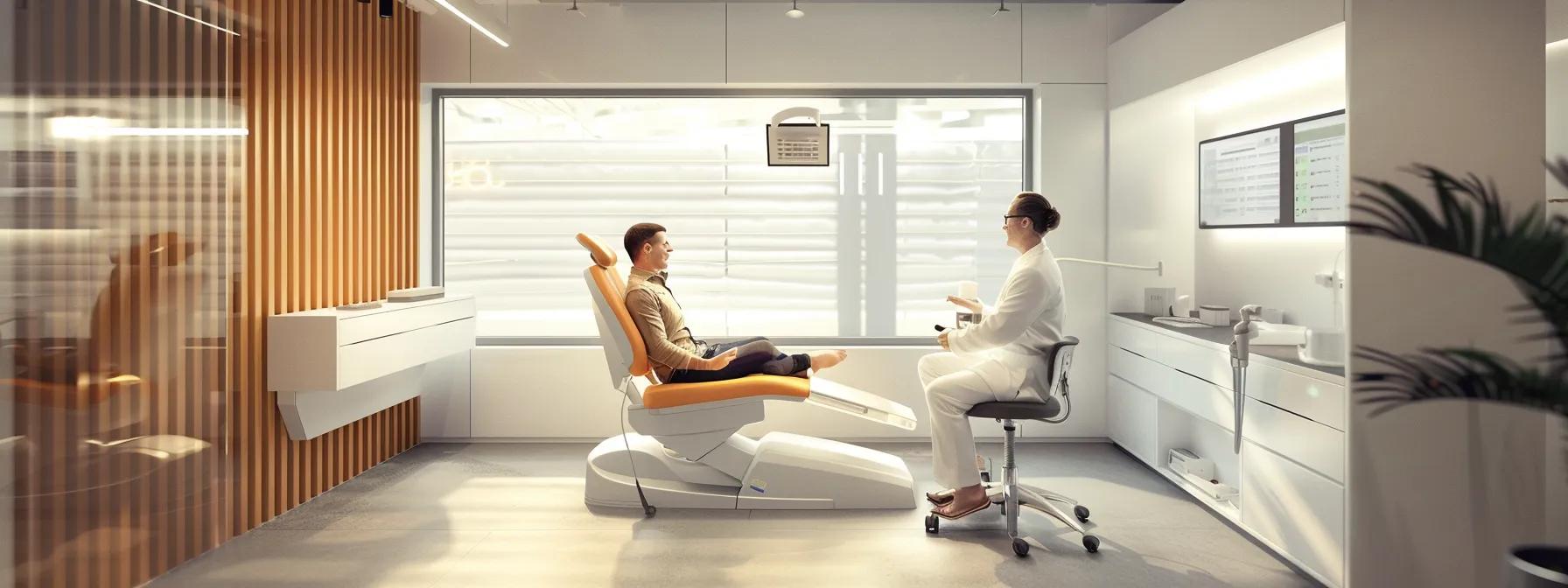 a modern dental office is depicted with a patient comfortably seated in a sleek examination chair, visibly experiencing the refreshing sensation of chewing dentyne gum, while a dental professional discusses the interaction of menthol with denture adhesives, creating an atmosphere of attentive care and advanced dental knowledge.