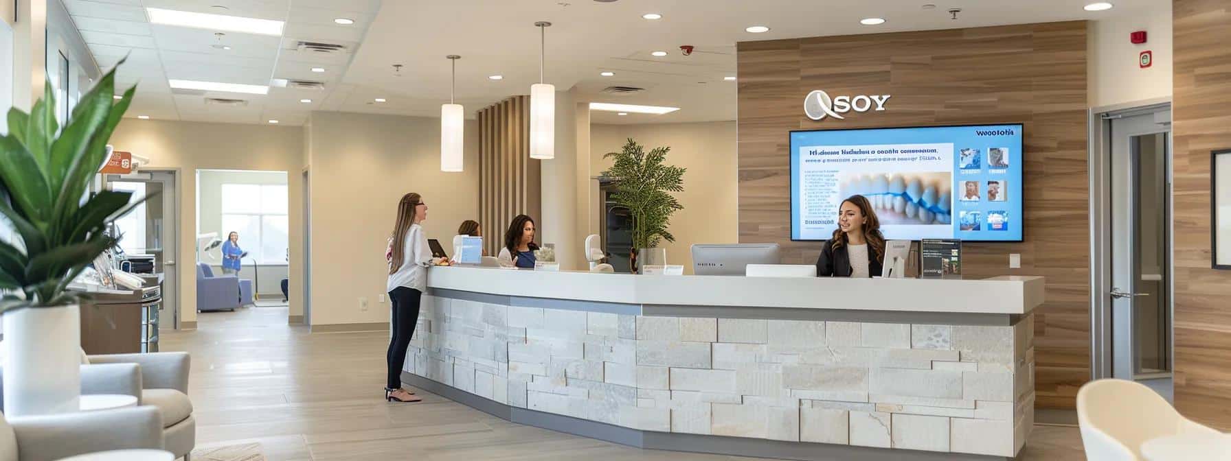 a modern dental office reception area featuring a sleek front desk with a friendly staff member engaging with a patient, highlighting promotional flyers and payment plan options for dental implants on an interactive digital display in a warm, inviting atmosphere.