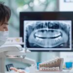 a modern dental office showcases a dentist examining a patient with a sleek digital implant model displayed on a high-tech screen, highlighting the precision and care involved in the dental implant process.