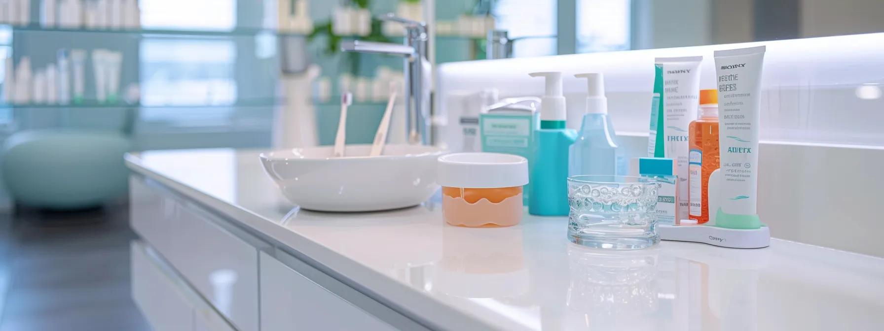 a pristine dental care station in a modern clinic featuring a gleaming denture soaking in an enzymatic cleaner, complemented by a soft brush and a colorful array of cleaning products, all arranged on a sleek countertop under bright, clinical lighting.