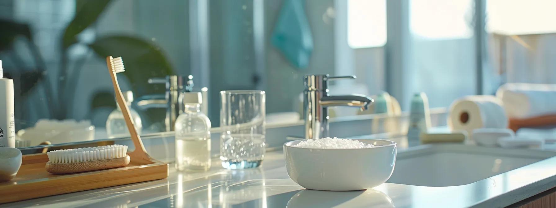 a serene dental care setting showcases a pristine bathroom countertop featuring a soft toothbrush, clean dentures submerged in a solution, and a gentle saltwater rinse, emphasizing daily practices for managing gum sensitivity and promoting oral health.