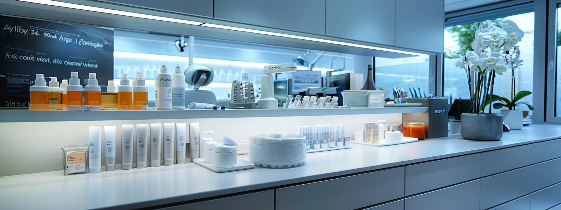 a sleek dental clinic interior with a pristine countertop displaying a variety of denture cleaning supplies, including a soft brush, denture cleanser, and soaking solutions, illuminated by soft overhead lights that accentuate the modern, clinical atmosphere.