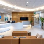 a sleek dental clinic reception area in lake worth, featuring modern design elements and informative displays about various dental implant options, illuminated by soft, welcoming lighting.