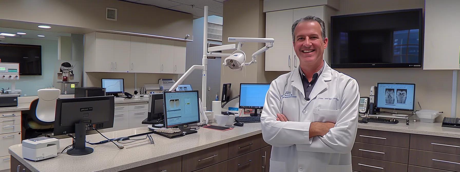 a sleek dental office interior showcases a confident patient smiling broadly with their new full dentures, while a modern dental professional discusses the benefits and challenges of prosthetics, emphasizing advanced technology and comfort in a well-lit, professional setting.