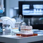 a sleek, modern dental clinic showcases a close-up of a dental implant model on a polished countertop, with advanced surgical tools and a digital treatment plan displayed on a nearby monitor, emphasizing the precision and technological sophistication of contemporary dental care.