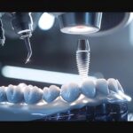 a sleek, modern dental clinic interior showcases a dental implant procedure in progress, with a focus on a gleaming titanium post being placed into a digitally rendered jawbone model, illuminated by soft, clinical lighting that emphasizes the precision and technology involved in restorative dentistry.