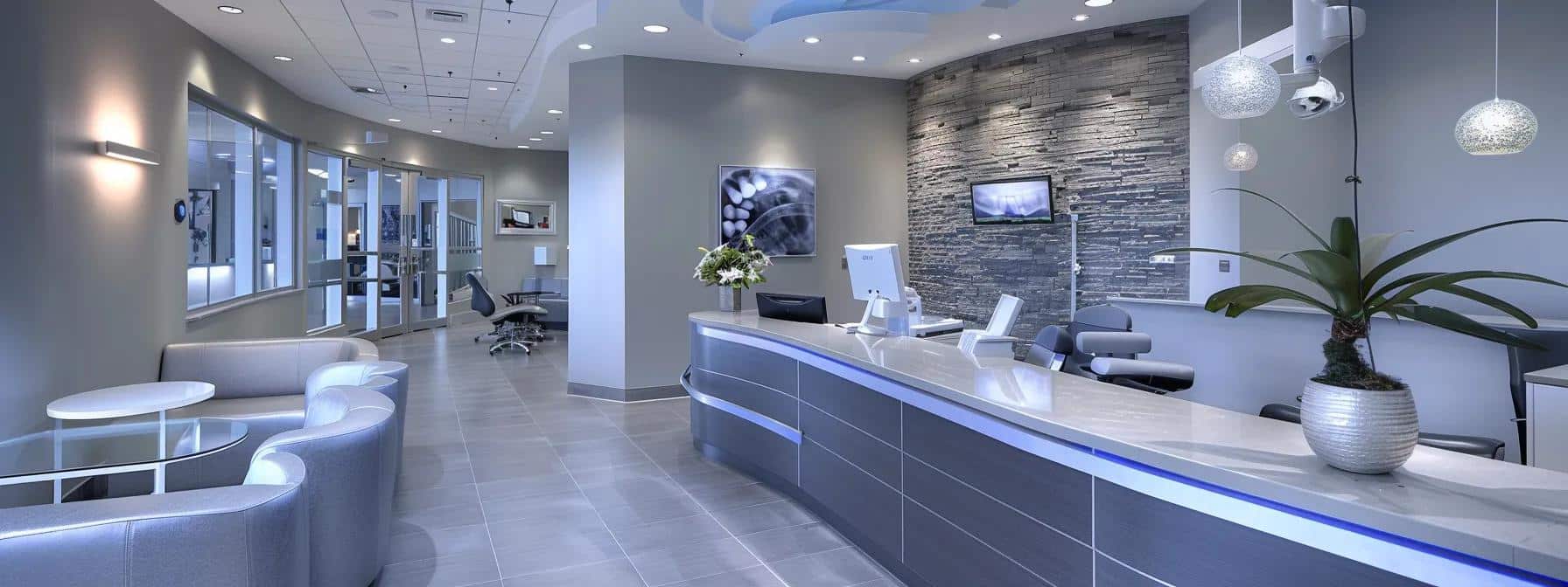 a sleek, modern dental clinic waiting area showcases state-of-the-art equipment and welcoming decor, emphasizing a professional and comforting environment for patients seeking dental implants.
