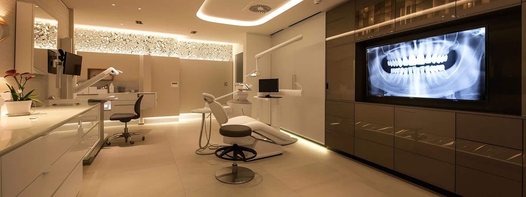 a sleek, modern dental clinic interior is illuminated by soft, warm lights, featuring a professional patient consultation area with a state-of-the-art dental chair and high-tech imaging equipment, conveying a sense of comfort and advanced care in the dental implant procedure journey.