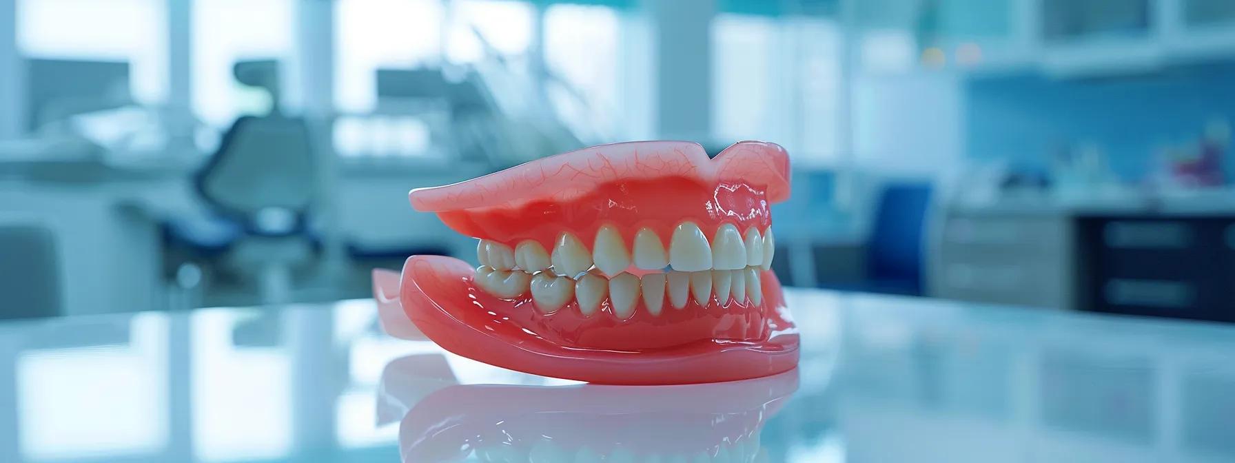 a sleek, modern dental office showcases the latest innovations in denture technology, featuring a close-up view of advanced prostheses with antimicrobial coatings and smart sensors displayed against a clean, high-tech workspace backdrop.