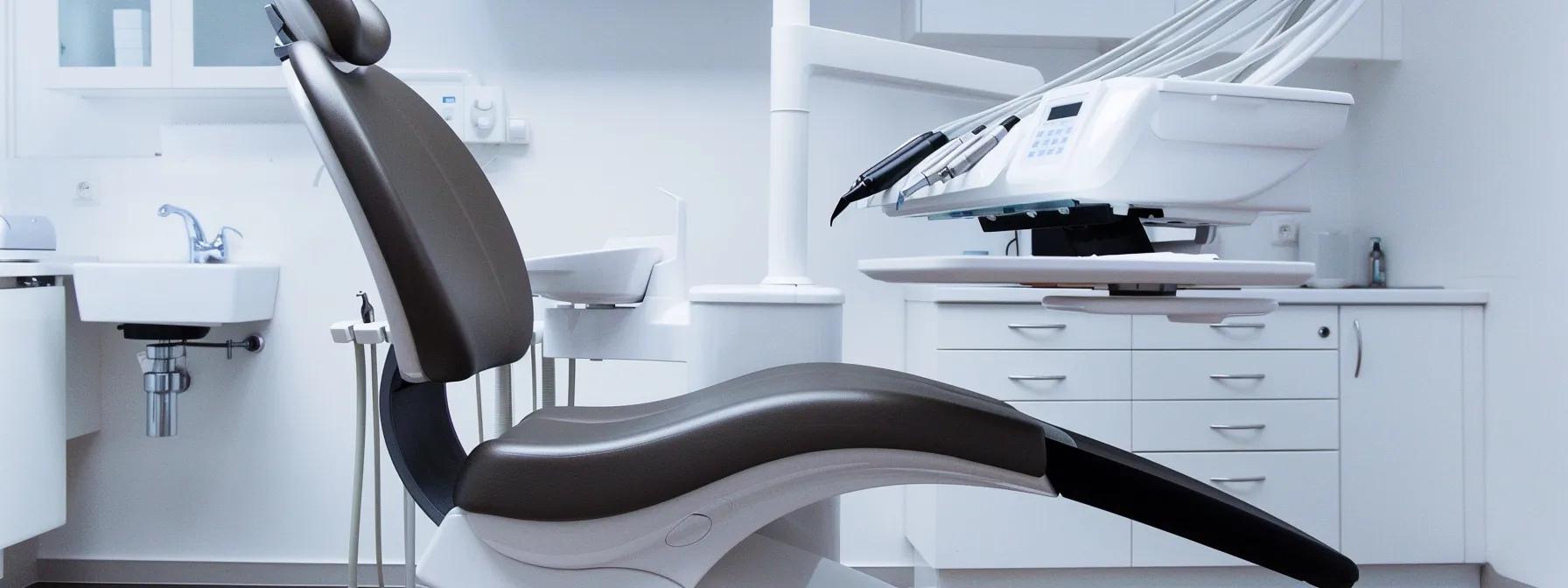 a sleek, modern dental office with a confident patient seated in a dentist's chair, surrounded by high-tech dental equipment and tools, highlighting the importance of professional care and maintaining dental implants for lasting oral health.