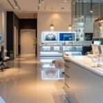 a sleek, modern dental office featuring a dentist discussing tooth replacement options with a patient, highlighting various models of dentures, bridges, and dental implants displayed on a polished counter.