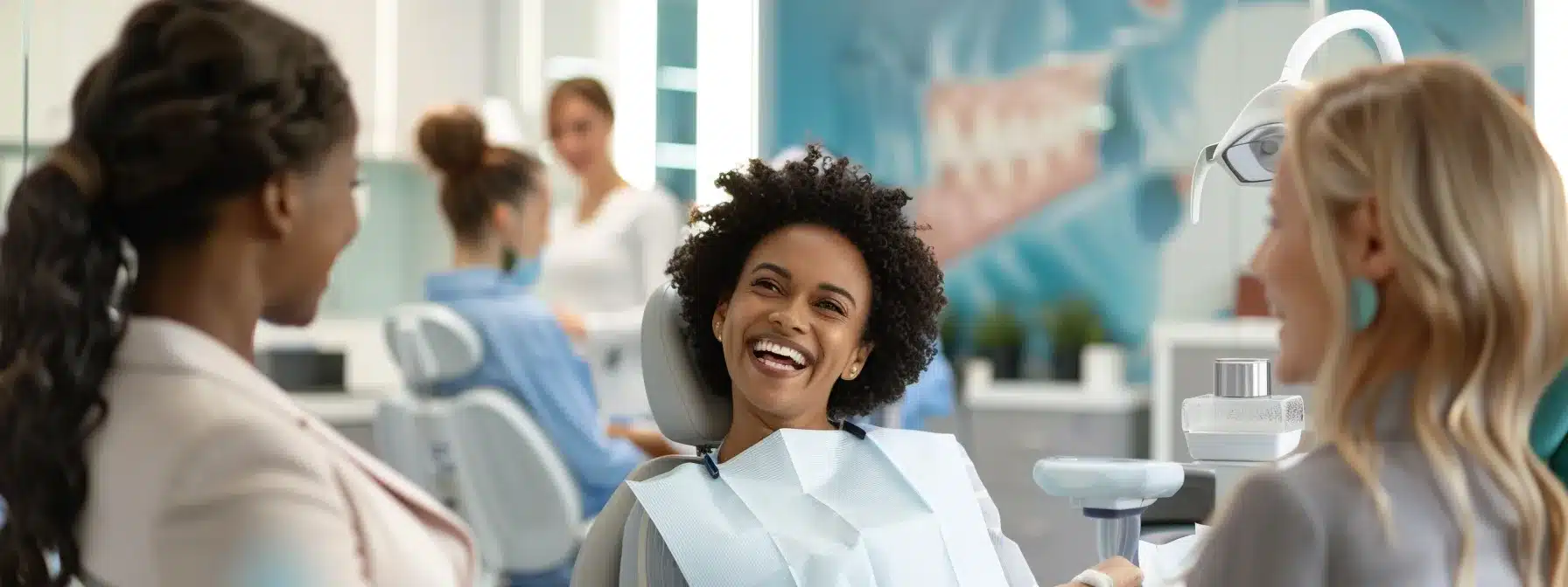 a vibrant office environment showcases a diverse group of smiling clients engaging with professionals discussing the benefits of affordable extraction services, with educational materials about pain management prominently displayed in the background.