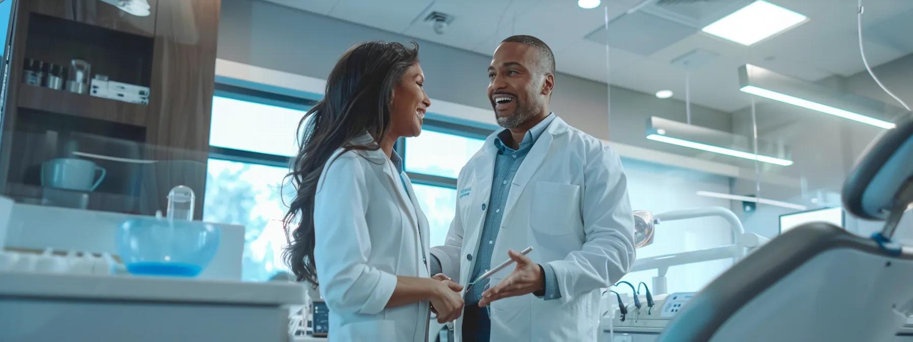 a well-lit dental consultation room features a confident dentist discussing candidacy criteria for dental implants with a patient, emphasizing professionalism and trust in the modern, sterile environment.