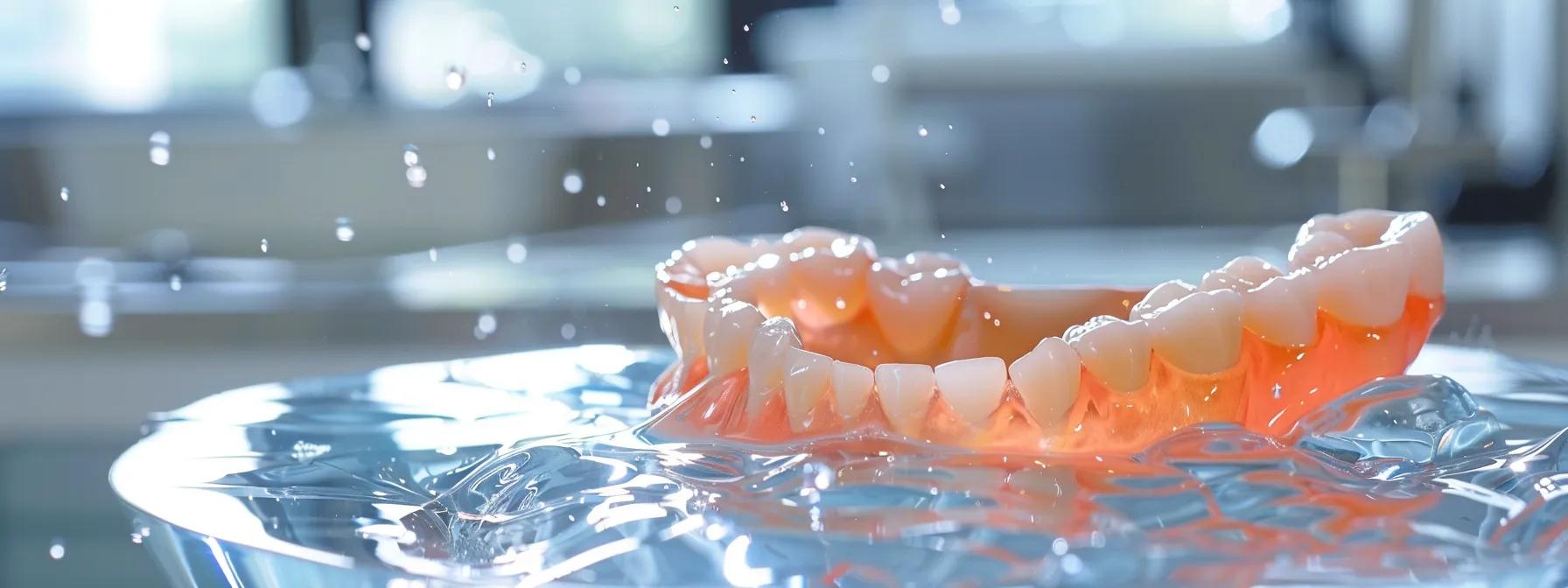 a well-lit dental clinic in mansfield features a modern examination room, highlighting a pristine denture cleaning station with a set of dentures soaking in a cleanser, alongside a soft-bristle brush and non-abrasive toothpaste, symbolizing the importance of oral hygiene for denture wearers.