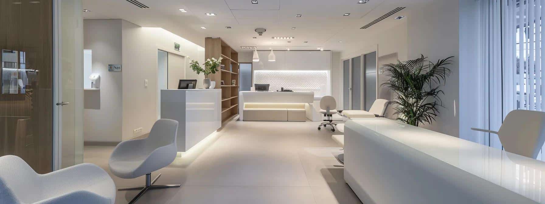 a modern dental clinic interior showcases a sleek, well-lit consultation area with various dental implant models displayed prominently, emphasizing the advanced technology and personalized treatment options available for patients.