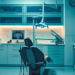 a modern dental clinic is illuminated with bright, clinical lighting, showcasing a sleek setup with a dental chair and an expert dentist discussing advanced dental implants with a patient, highlighting the precision and innovation in oral care.