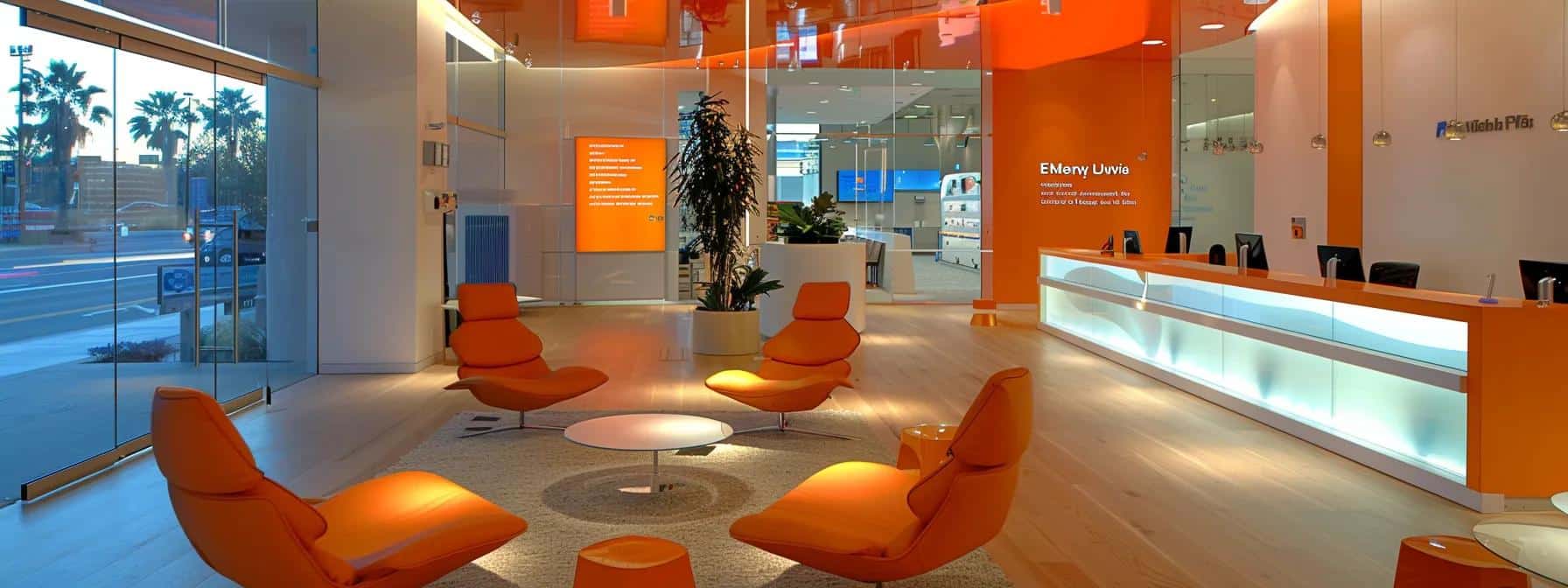 a modern dental clinic reception in tyler, showcasing a welcoming, bright space with sleek furnishings and informative brochures about affordable dentures and implants prominently displayed, reflecting a focus on patient care and transparent pricing.