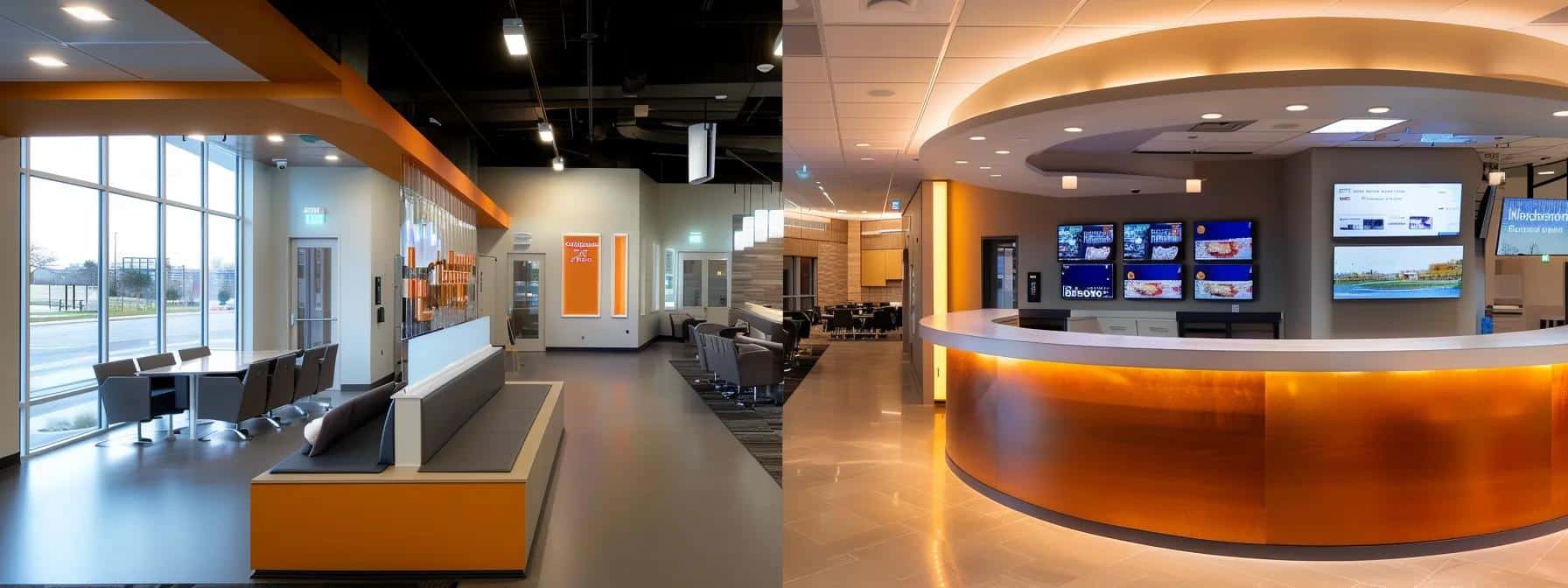 a modern dental office in tyler, texas, featuring a sleek consultation area with a digital display outlining denture options, materials, and pricing, illuminated by soft overhead lighting to create an inviting and professional atmosphere.
