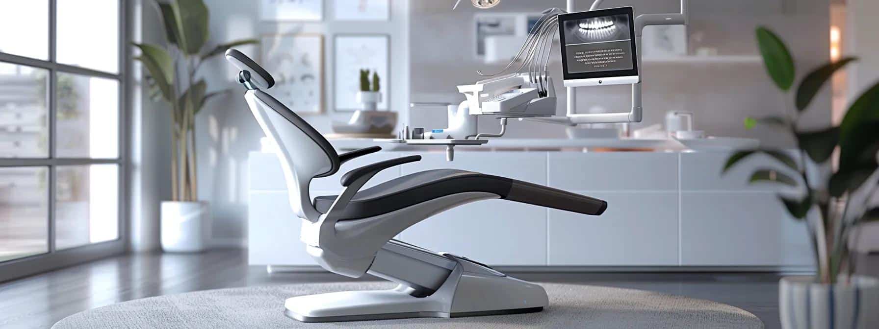 a modern dental office in tyler, tx, featuring a sleek examination chair and advanced imaging equipment, highlighting a presentation screen displaying the intricate details of dental implant pricing and procedures.