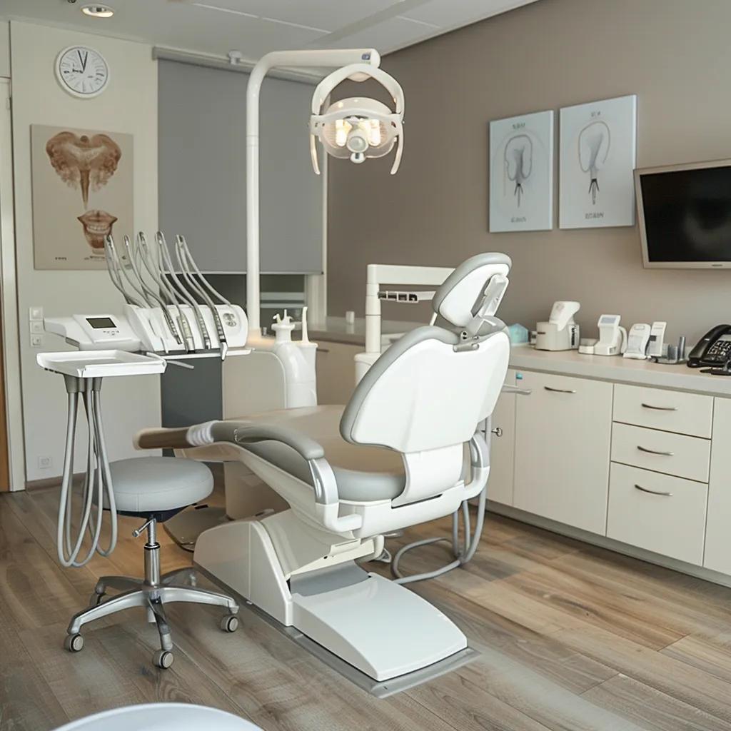 a modern dental clinic featuring a state-of-the-art implant surgery room, illuminated by bright, clinical lighting, showcasing advanced imaging technology and precision surgical tools arranged meticulously on a sleek workstation, symbolizing the intricacies and care involved in dental implant success.