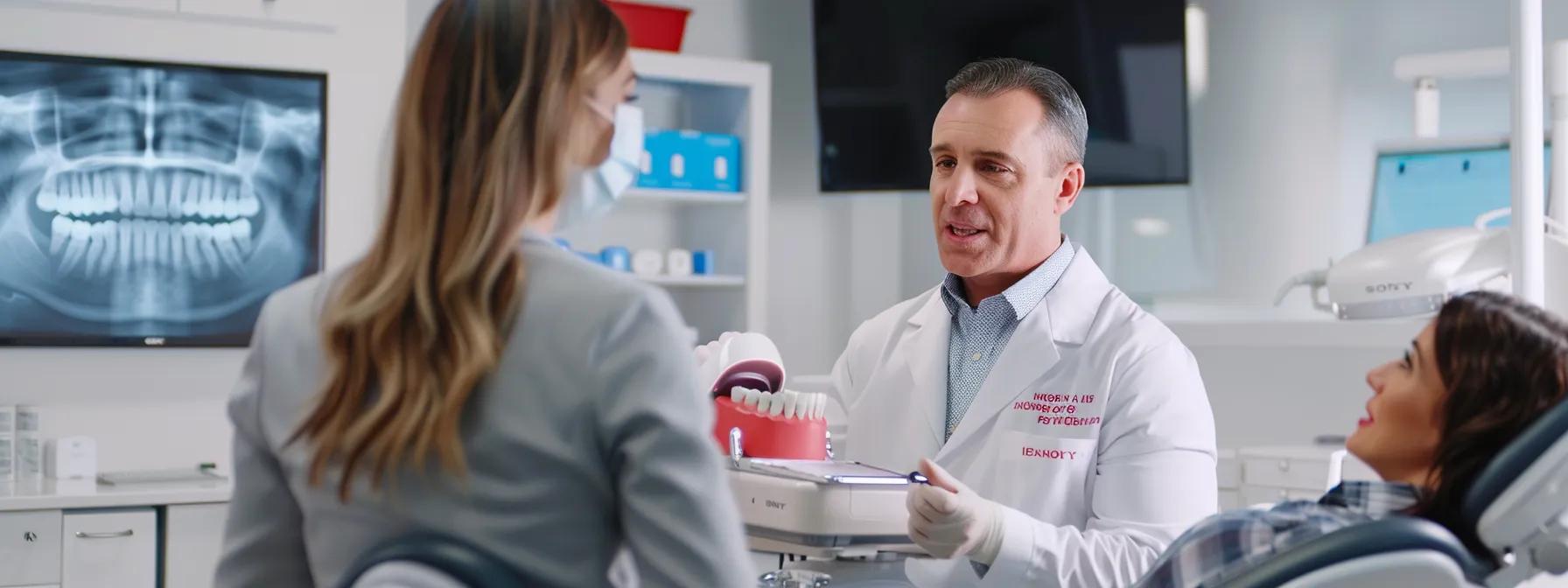 a polished dental office setting features a professional dentist examining an advanced dental implant model while discussing aftercare instructions with a patient, showcasing a modern blend of technology and personalized dental care.
