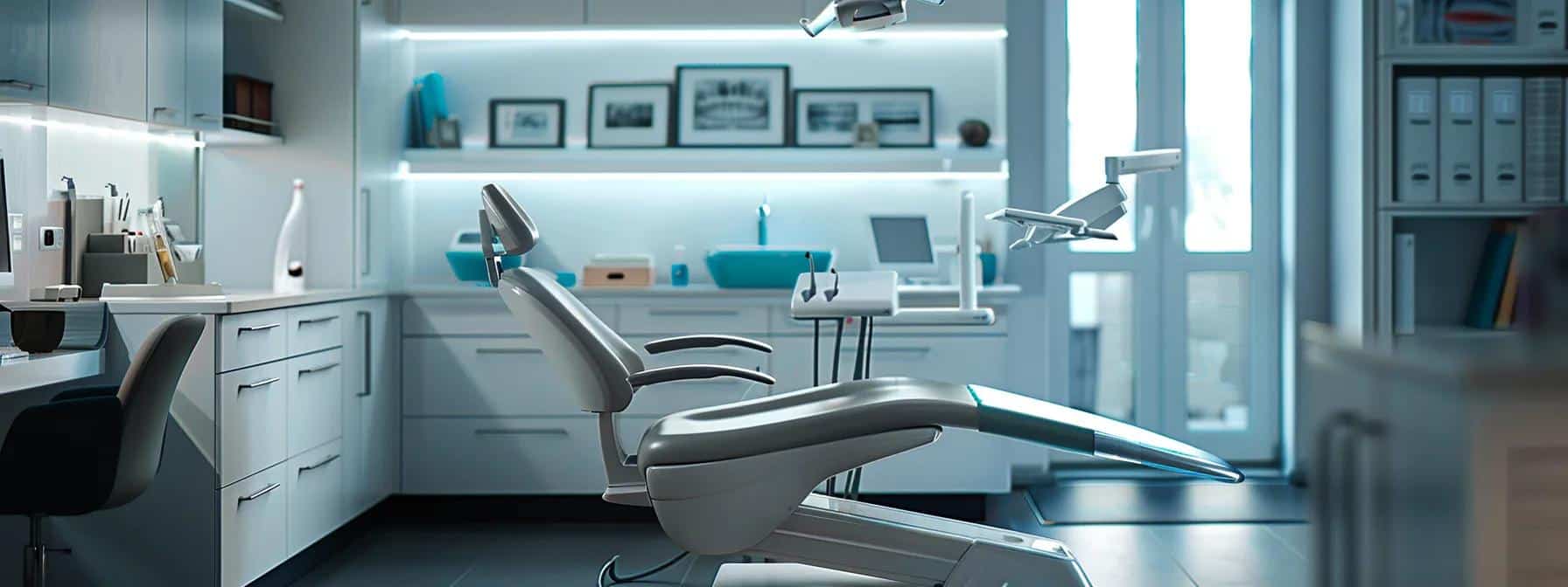 a professionally designed dental consultation room in tyler features a sleek examination chair and advanced dental equipment, showcasing removable dentures and dental implants prominently displayed on a modern office desk, conveying the options available for tooth replacement.