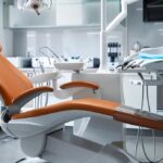 a sleek, modern dental office with a patient reclining in a high-tech dental chair, surrounded by advanced dental equipment, as a dentist demonstrates the use of a titanium dental implant model, emphasizing the transformative solution for tooth replacement.