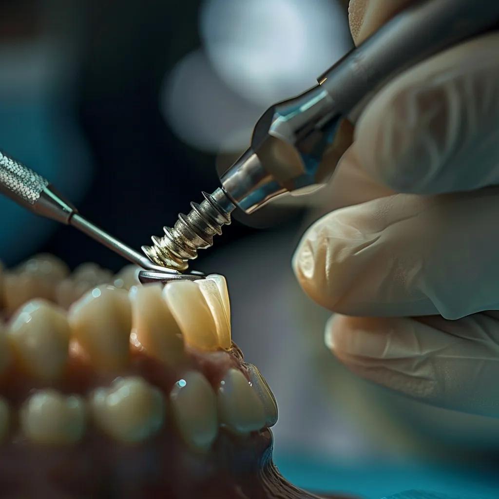 a sterile dental clinic setting showcases a close-up view of a dental implant procedure in progress, highlighting the stark contrast between healthy and compromised gum tissues, with clinical tools neatly arranged and soft, focused lighting emphasizing the precision of the surgery.